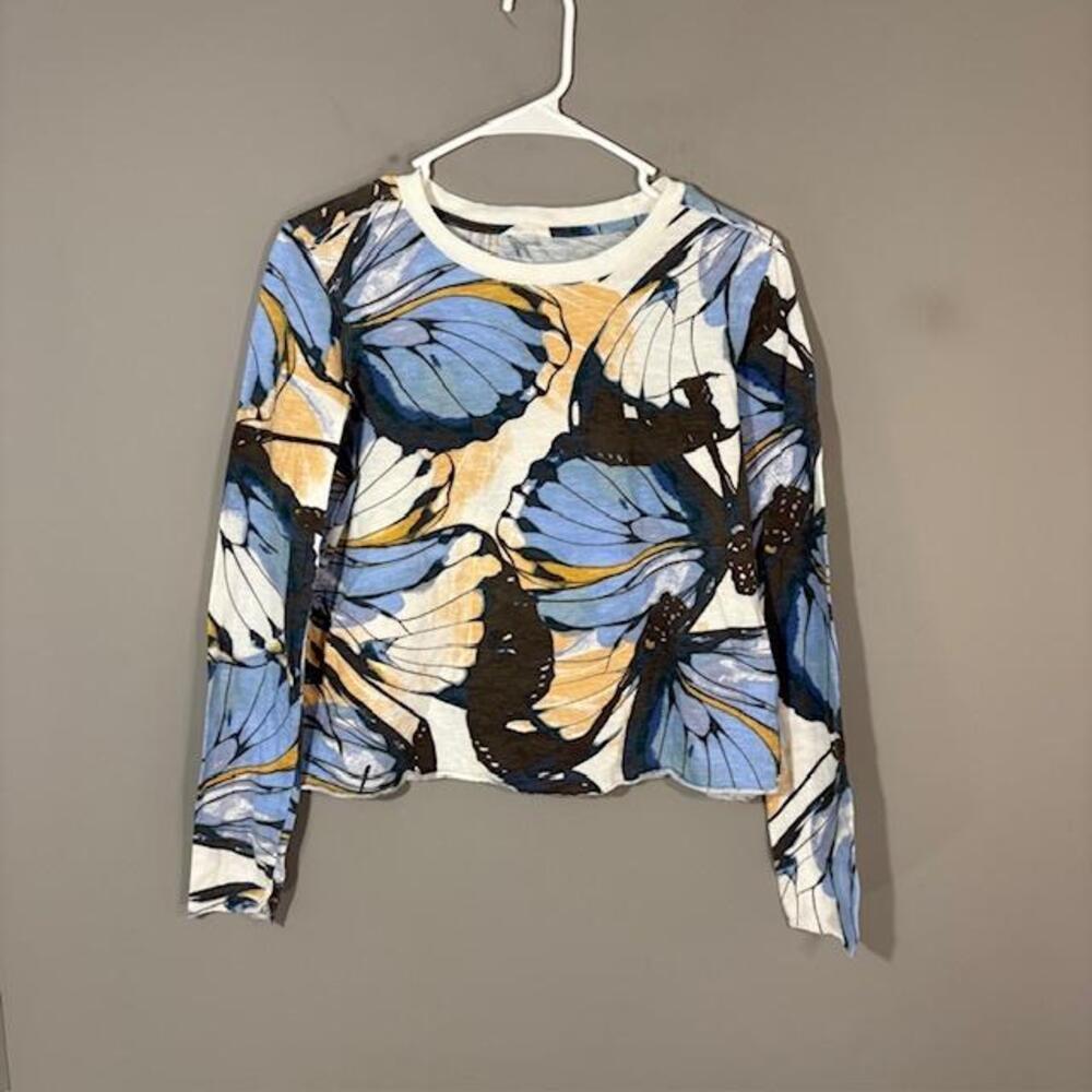 Maeve T-Shirt Womens XS Multicolor Butterfly Print Long Sleeve Cotton Jersey